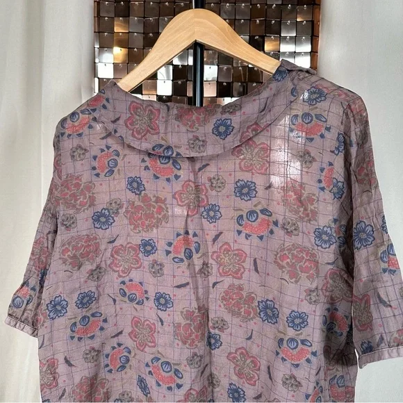 Vintage Purple, Maroon & Navy Checked Plaid & Floral Short Sleeve Sheer Blouse - Picture 8 of 9